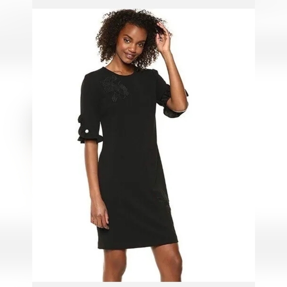 Karl Lagerfeld Black Ruffle Sleeve Floral Applique Cocktail Dress Size 4 - Picture 1 of 7